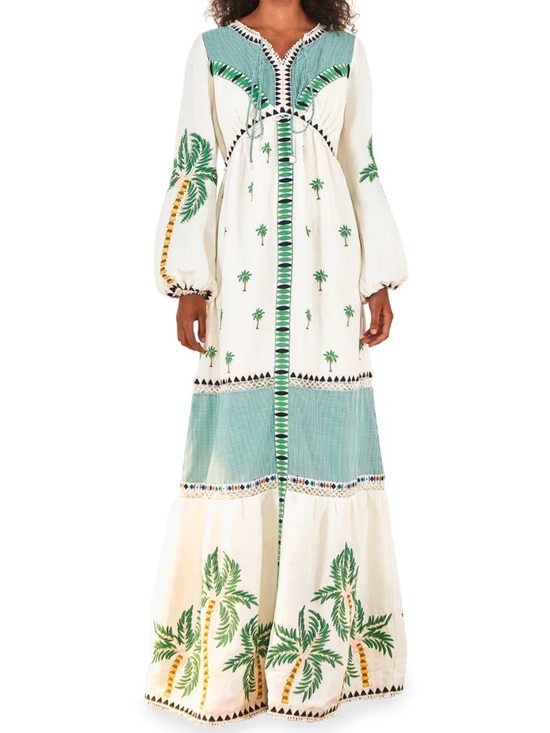 FARM Rio Dresses & Skirts - FARM Rio Bohemian Linen Maxi Dress with Green Palm Embroidery